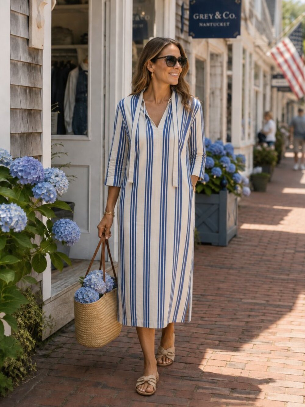 Tuckernuck Blue & White Striped Midi Shirt Dress Coastal Preppy Resort M NWT